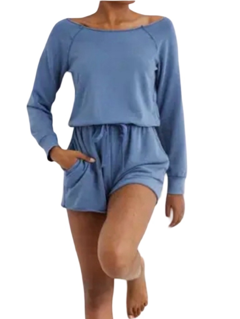 Aerie Long Sleeve Romper Blue Size L Cinched Waist Casual